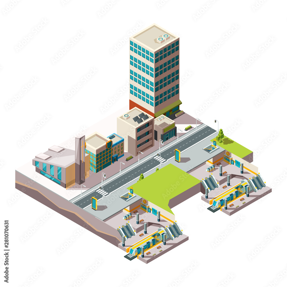 City subway. Urban landscape infrastructure with buildings and cross section railway metro vector low poly isometric. Railway train isometric, public subway illustration