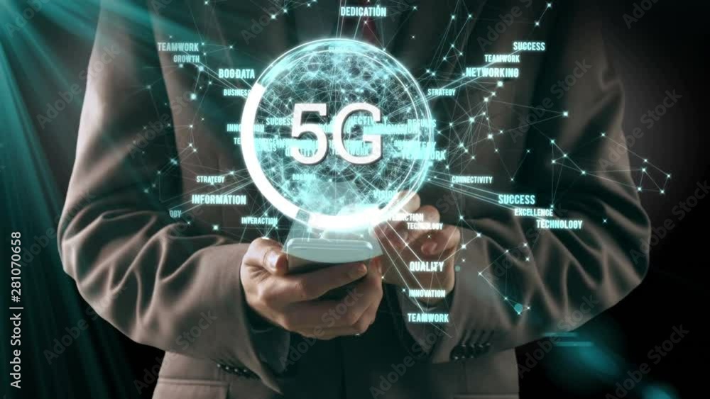 5G displayed in a circle with businessman using smartphone in the background 5G displayed in a circle with businessman using smartphone in the background