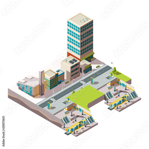 City subway. Urban landscape infrastructure with buildings and cross section railway metro vector low poly isometric. Railway train isometric, public subway illustration