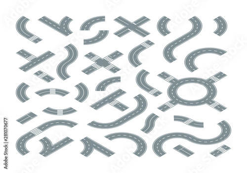 Road isometric. Street map city path shapes crossing road marking circular motion vector journey symbols. Road path and elements of highway city street illustration