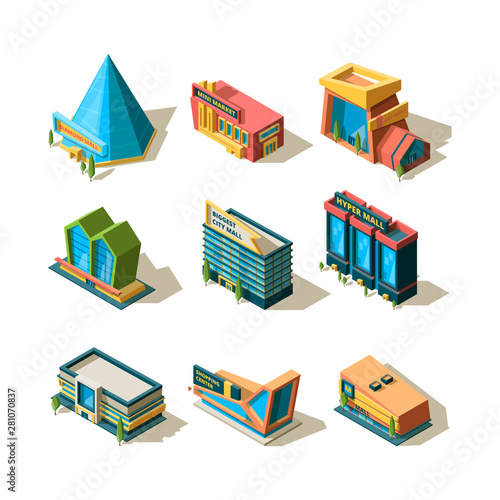 Shopping center. Mall retail commercial complexes architectural modern building store isometric vector. Building and retail supermarket 3d, construction hypermarket illustration