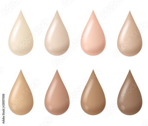 Makeup drops. Woman liquid bb cream foundation beige tints, cosmetic skin fluid tones, creamy texture droplets. Vector isolated set photo