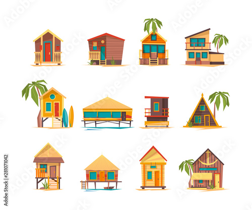 Beach houses. Funny buildings for summer vacation tropical bungalow cabins and constructions vector. Summer vacation bungalow, tourism building on sea coast illustration