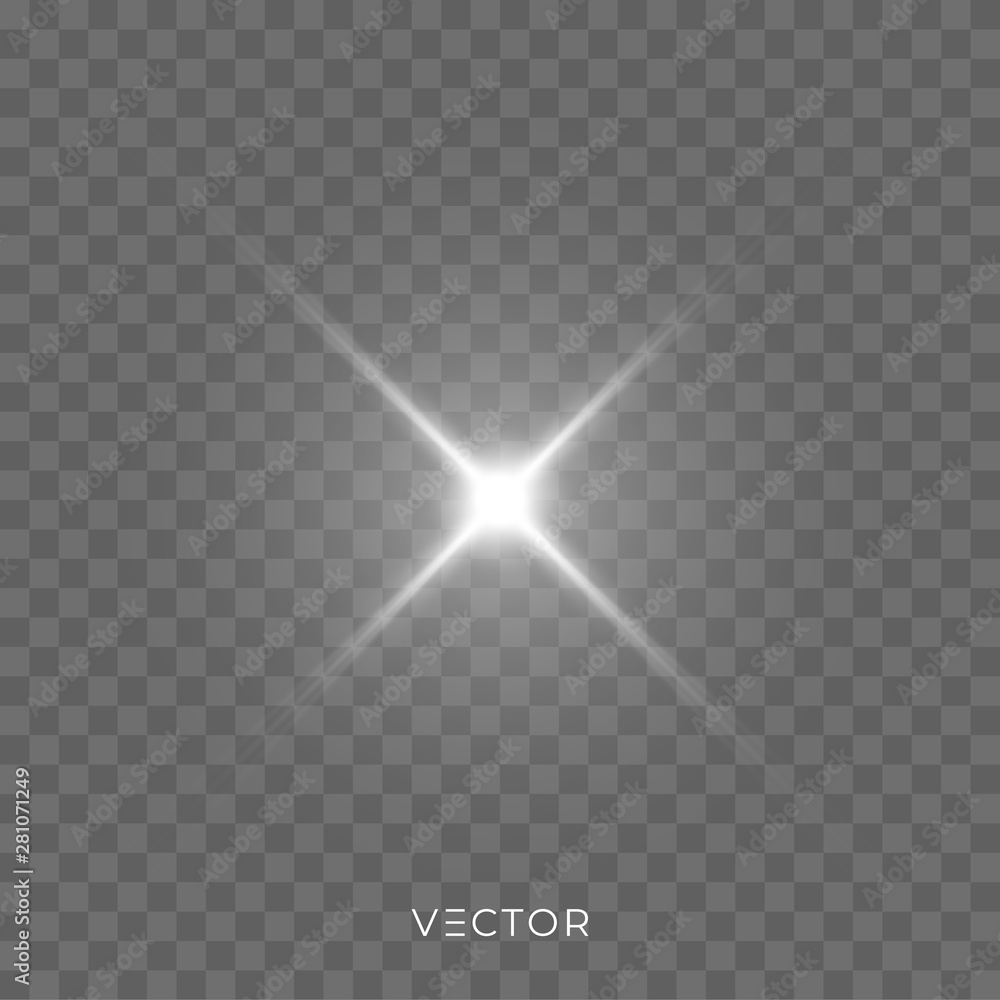 Star light shine, bright spark rays with lens flare effect. Vector