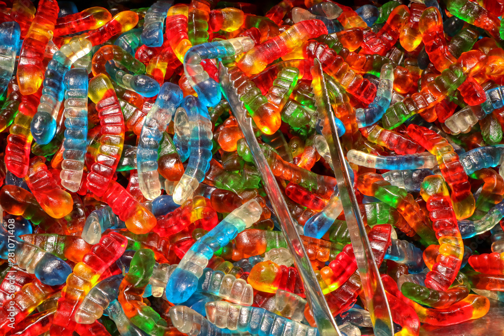 Gummy worms for sale in a candy shop