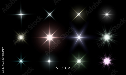 Glowing star lights effect, lens flare and bright explosion effect. Vector isolated color star light flash and sparkle rays set on transparent background