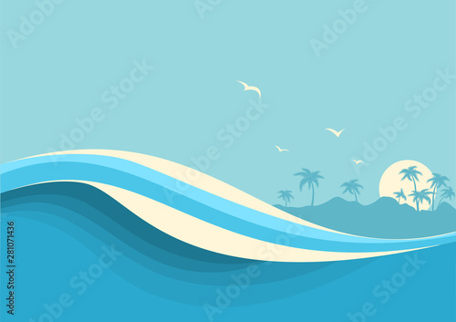 Big ocean waves .Vector seascape with sea waves and sky background for text