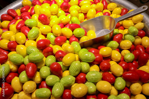 Multicolored candies for sale in a candy shop