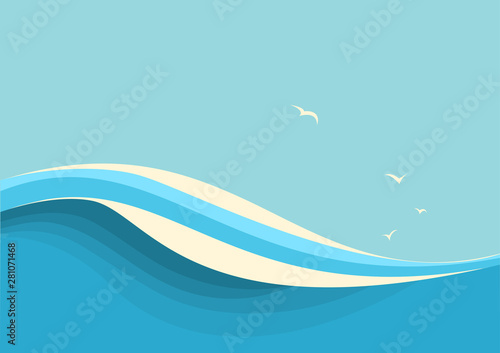 Big ocean waves .Vector seascape with sea waves and sky background for text
