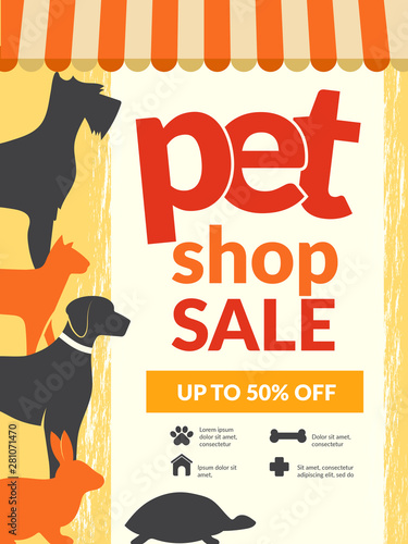 Pets poster. Placard domestic animals cats dogs kitten icons typography wallpaper for pets shop vector design. Pet shop sale banner poster illustration