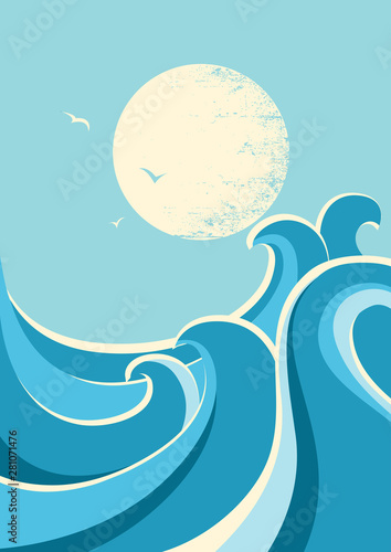 Big ocean waves .Vector seascape with sea waves and sky background for text