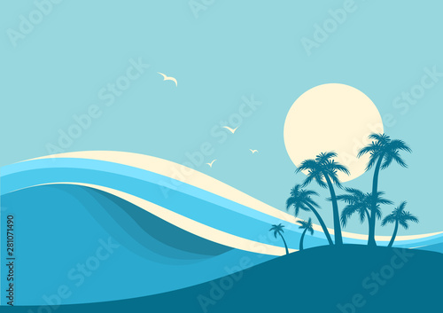 Big ocean waves .Vector seascape with sea waves and sky background for text