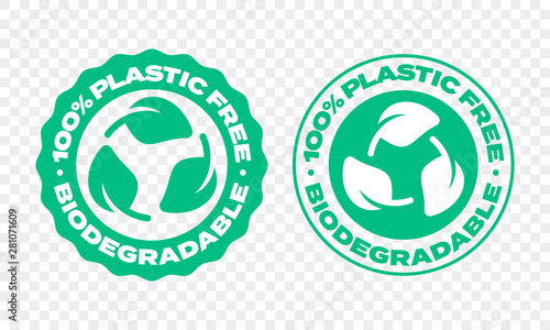 Biodegradable plastic package label. Vector compostable and bio recycling eco friendly green leaf stamp logo