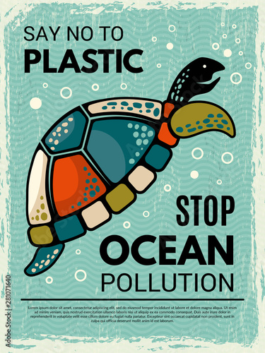 Turtle poster. Ornamental creative design placard with picture of stylized tortoise ocean or sea animal vector. Illustration of no plastic poster, wild turtle in ocean