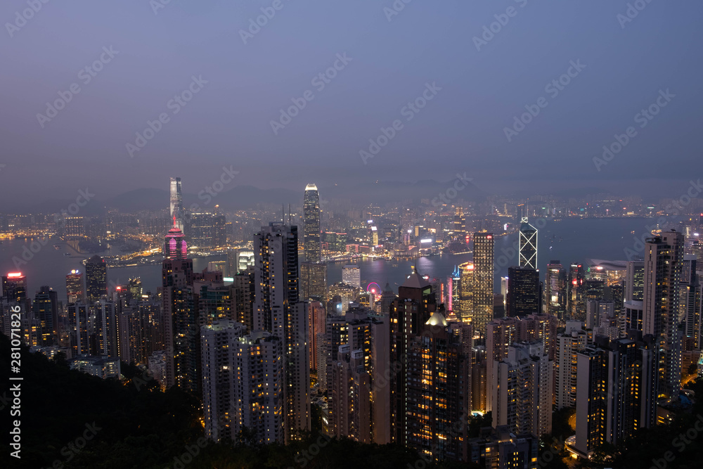 Hong Kong, Apirl 17, 2019, View of the city and the bay at Victoria Peak, Hong Kong.