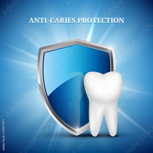 Tooth protection. Dental concept of stomatology tooth healthy guarding vector medical concept illustrations. Illustration of dental care, protection shield, human oral healthcare