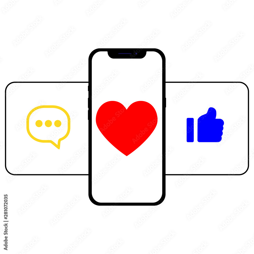 Communication in social networks. Image of mobile phone with message icons, likes, and subscribers. Perfect for the banner, website.