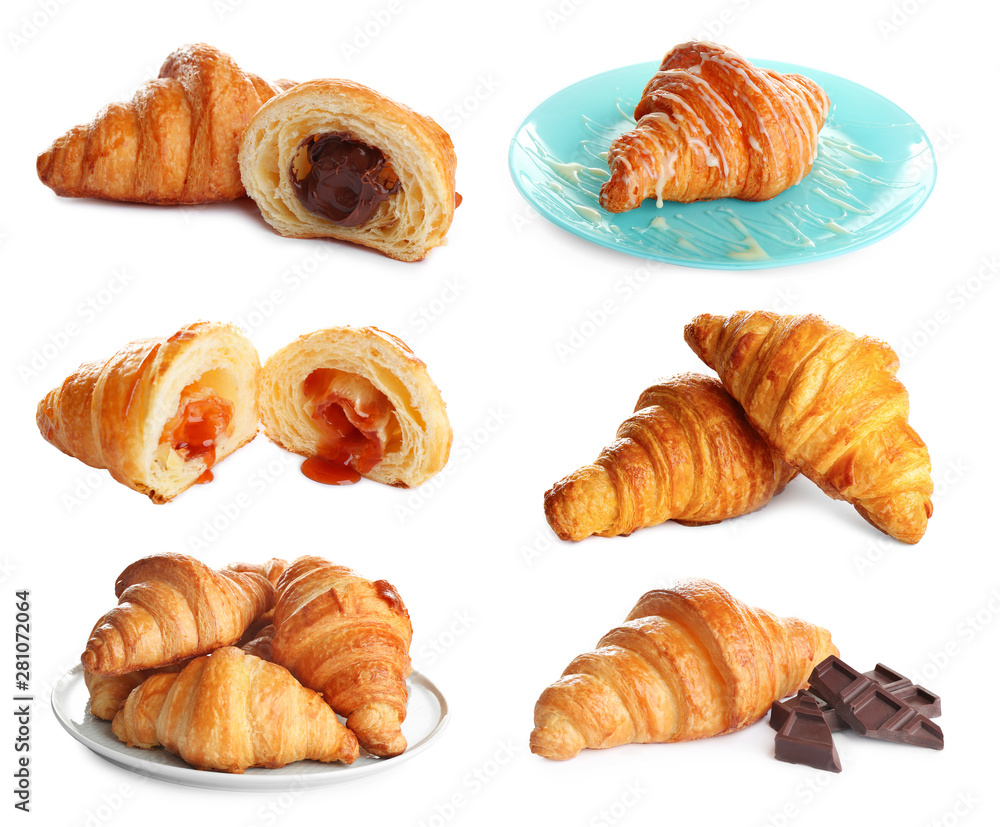 Set of delicious fresh baked croissants on white background. French pastry Set of delicious fresh baked croissants on white background. French pastry