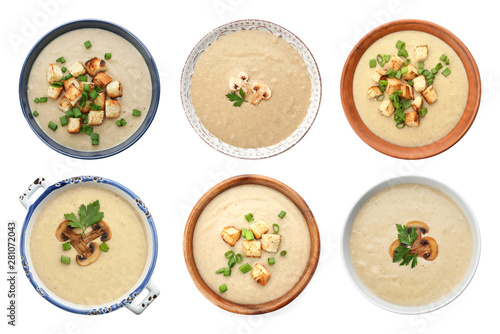 Set of fresh homemade mushroom soup on white background, top view