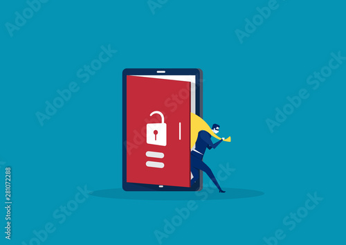 Hacker step out of smart phone screen after his criminal activity crack, spam, stealing money ,account password, personal data