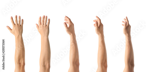 African-American man extending hand for shake on white background, closeup photo