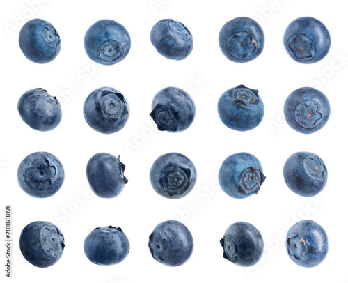 Set of delicious fresh blueberries on white background