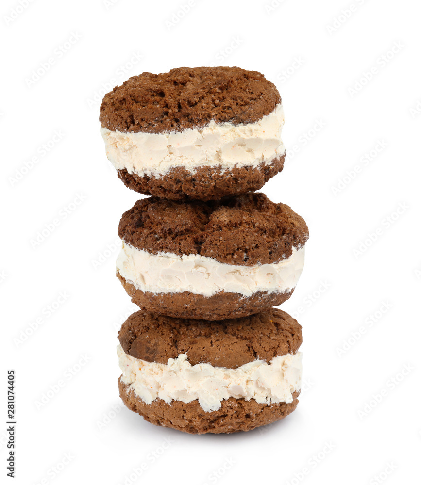 Sweet delicious ice cream cookie sandwiches on white background Sweet delicious ice cream cookie sandwiches on white background