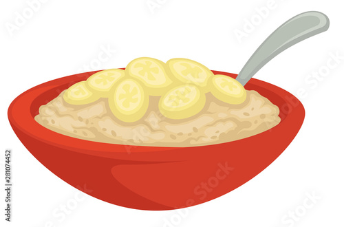 Porridge with banana cereal in bowl with spoon oatmeal isolated dish