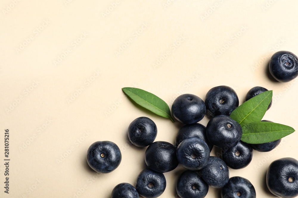 Fresh acai berries with leaves on beige background, flat lay. Space for text Fresh acai berries with leaves on beige background, flat lay. Space for text