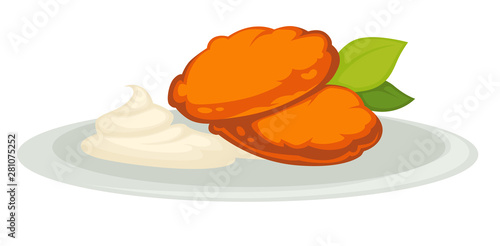 Pumpkin cutlets and sour cream on plate isolated vegetarian dish