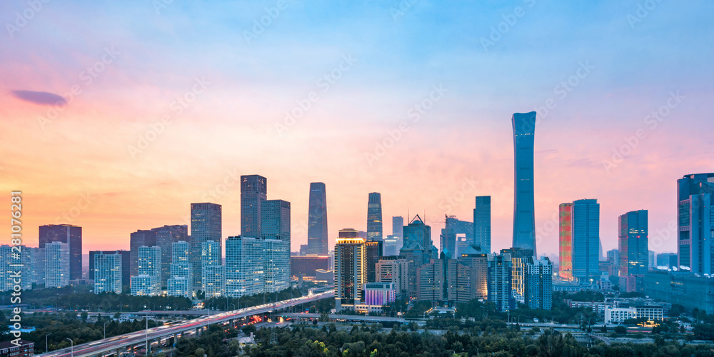 Night view of high-rise buildings in the central business district of Beijing, China