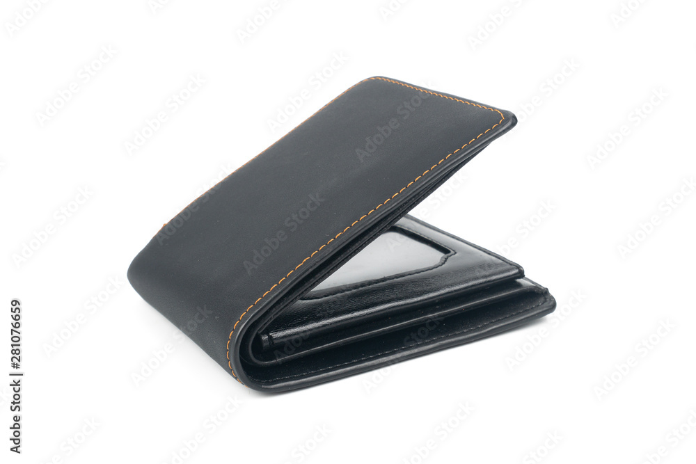 Black leather wallet isolated on white background, concept business financial and shopping Black leather wallet isolated on white background, concept business financial and shopping