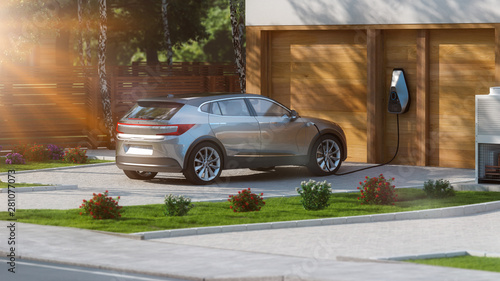 electric car parked in front of home modern low energy suburban house 3d rendering