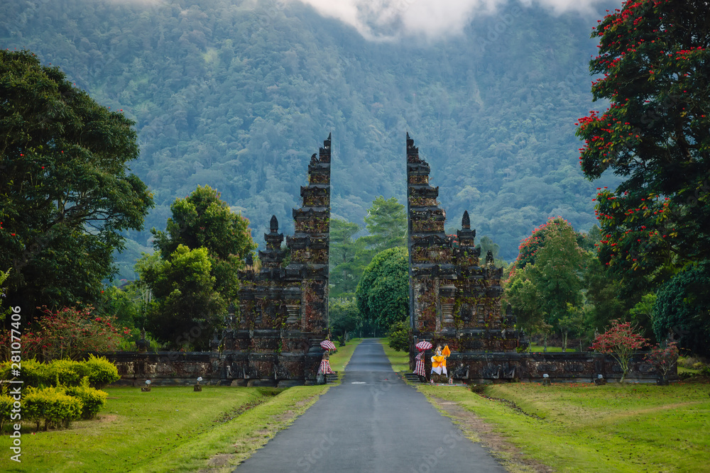 Landscape with mountains and tradition Balinese gate in Bali Landscape with mountains and tradition Balinese gate in Bali