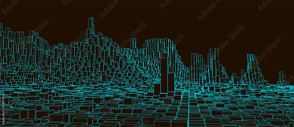 Fototapeta Square pattern. Wireframe landscape background. Futuristic vector illustration.