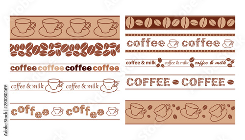 vector brown seamless borders with coffee grains and cups © olenadesign