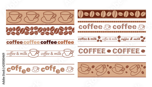vector brown seamless borders with coffee grains and cups