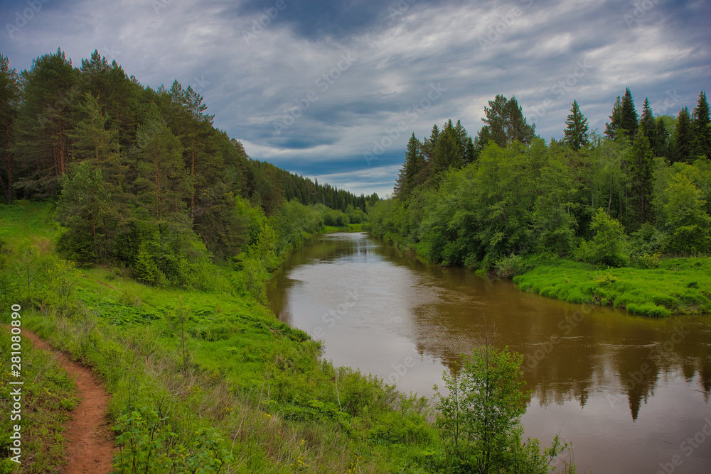 The Cheptsa river on a cloudy day the mountain Baygurez'. Debesskaya district, Udmurt Republic, Russia