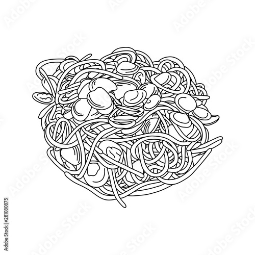 Spaghetti with clams vector illustration sketch doodle hand drawn with black lines isolated on white background
