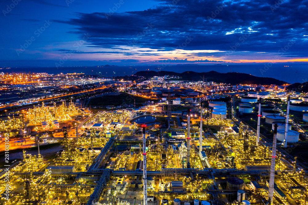 Aerial view of Oil refinery at twilight.