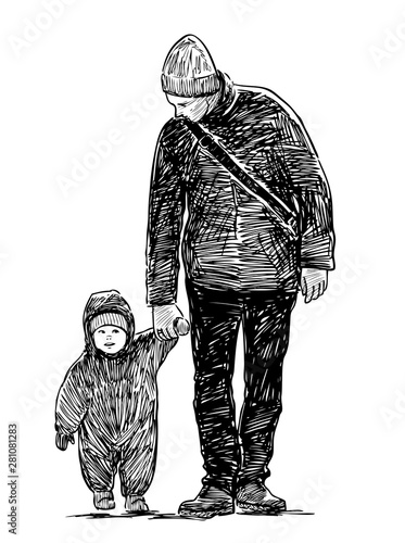 Sketch of a young father with his baby going on a stroll