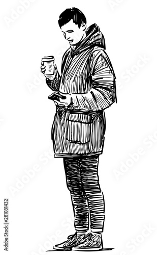 Sketch of a young townsman with a coffe cup and a cell phone