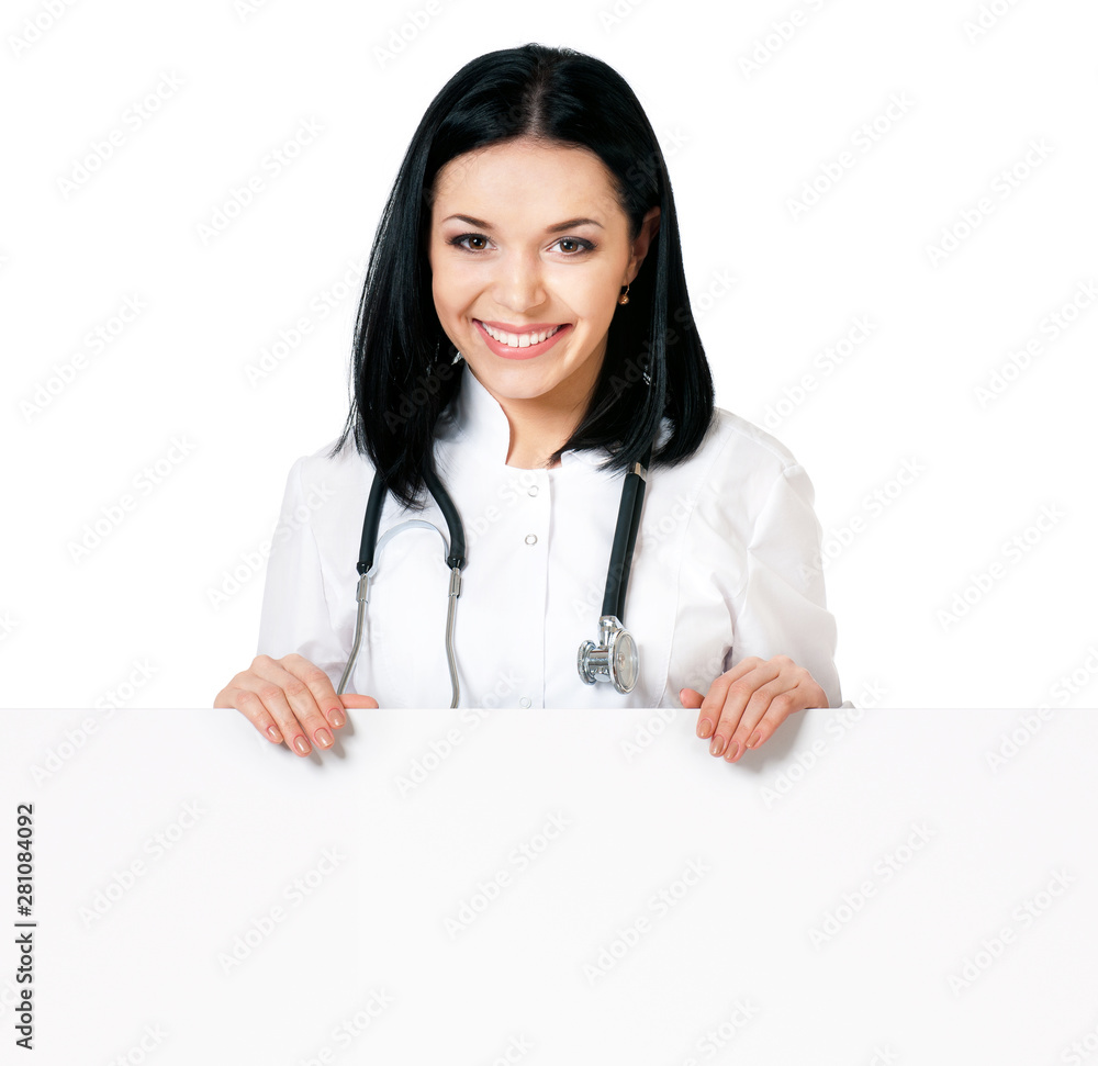 Happy young female doctor with stethoscope showing blank placard board, isolated on white background. Portrait of beautiful smiling medical doctor woman. Happy young female doctor with stethoscope showing blank placard board, isolated on white background. Portrait of beautiful smiling medical doctor woman.