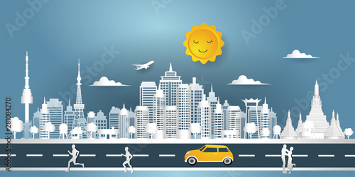 Paper art of Panorama city and car moving on the road with people running and standing, Flat and digital craft style vector illustration.