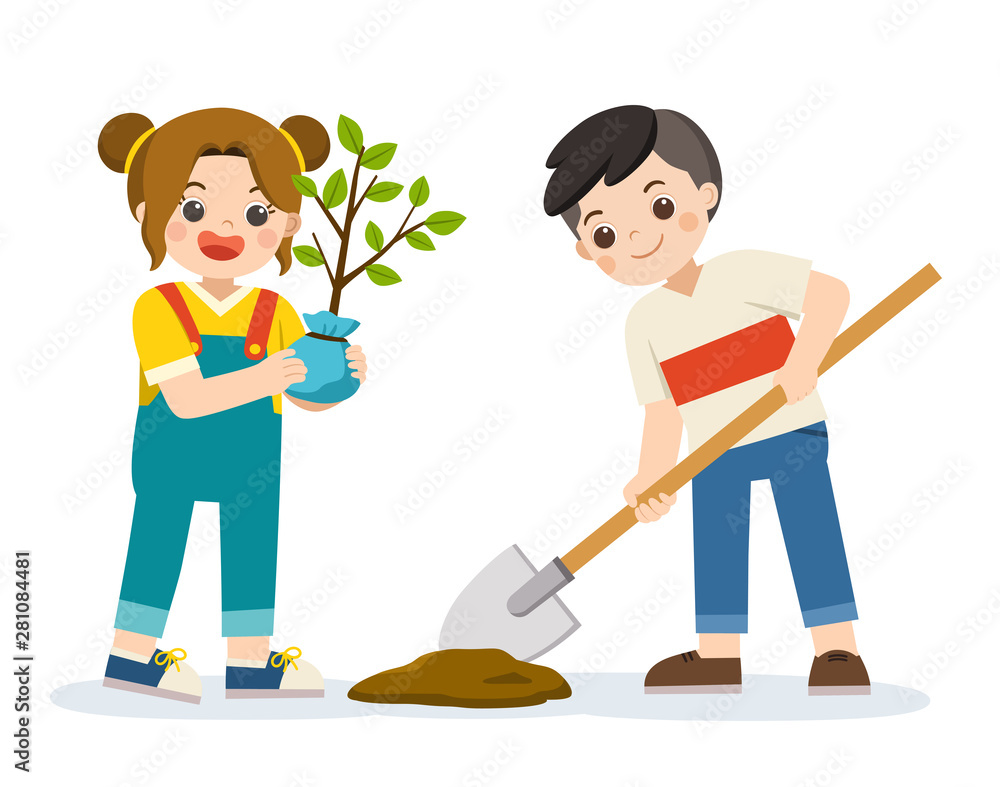 Cute kids volunteers planted young tree for save the Earth. Happy Earth Day. Green day. Ecology concept. Isolated vector. Cute kids volunteers planted young tree for save the Earth. Happy Earth Day. Green day. Ecology concept. Isolated vector.