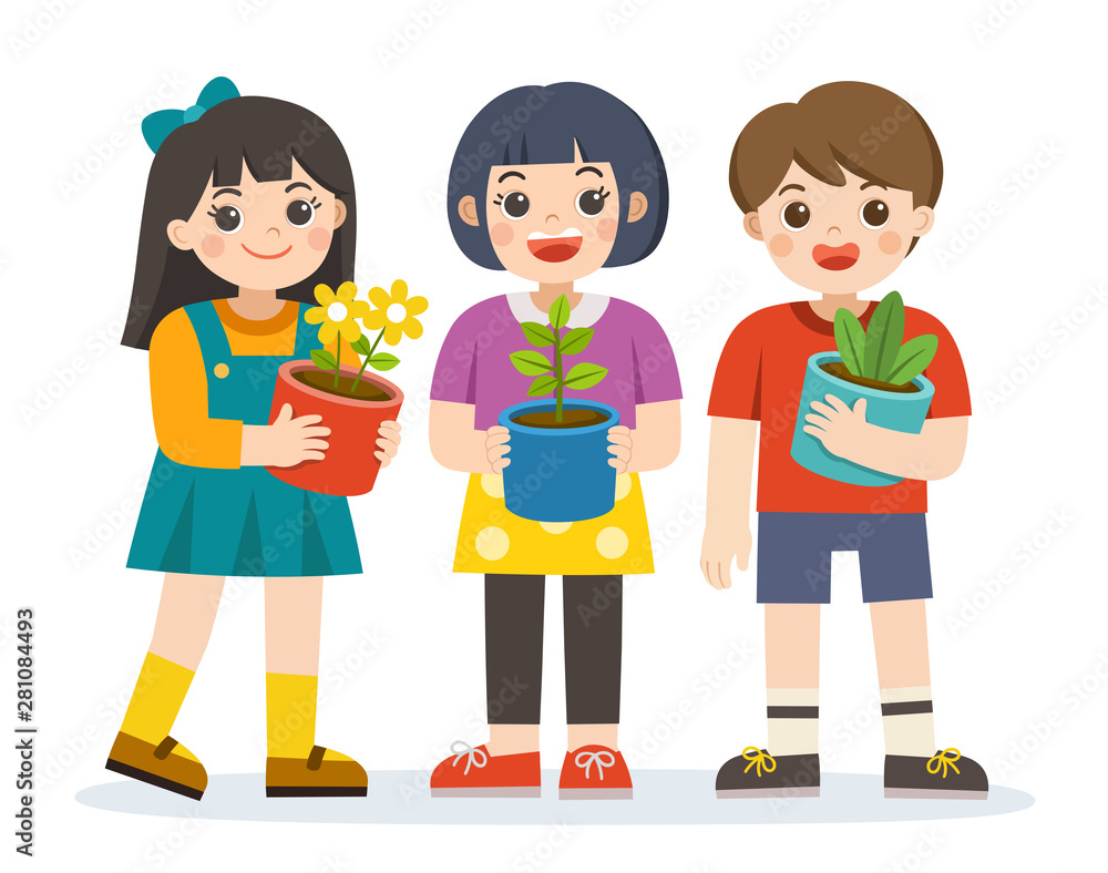 Little boy and girls holding plant and flower pot in front of them in arms. Save the Earth. Happy Earth Day. Green day. Ecology concept. Isolated vector. Little boy and girls holding plant and flower pot in front of them in arms. Save the Earth. Happy Earth Day. Green day. Ecology concept. Isolated vector.
