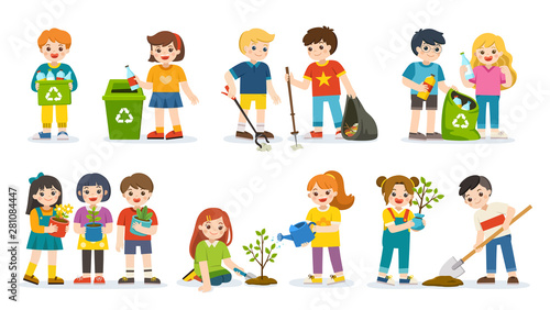 Set of Cute kids volunteers . Save Earth. Waste recycling. Kids planted and watering young trees. they are gathering garbage and plastic waste for recycling. Isolated vector.