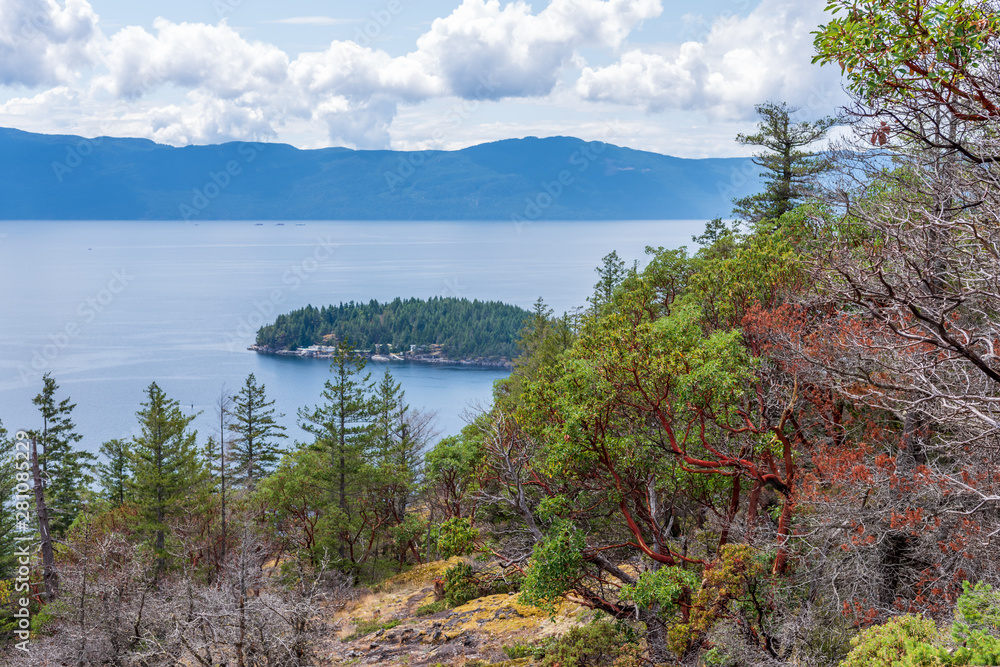 View over Inlet, ocean and island with mountains in beautiful British Columbia. Canada.