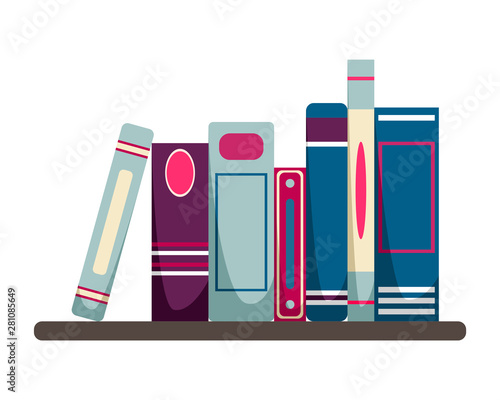 Books stand on a hinged bookshelf. Flat educational illustration in cartoon style.