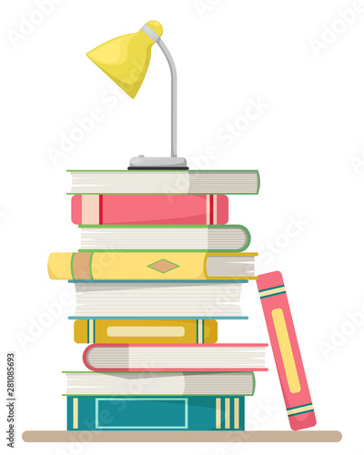 Pile of books in a flat style on a white background with a table lamp. Education concept design
